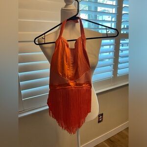 Weissman Balera Orange Halter Fringe Bodysuit size 14 Dance Halloween…